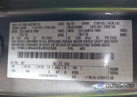 2025 Ford Escape St-Line Select z USA, uszkodzony, nr VIN 1FMCU9NAXSUB32360